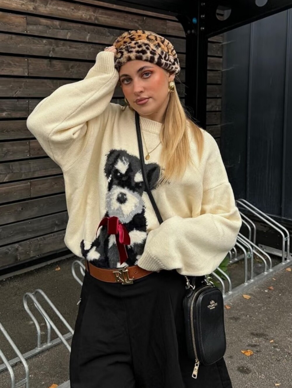 Cream Sweater with Dog Intarsia and Red Bow